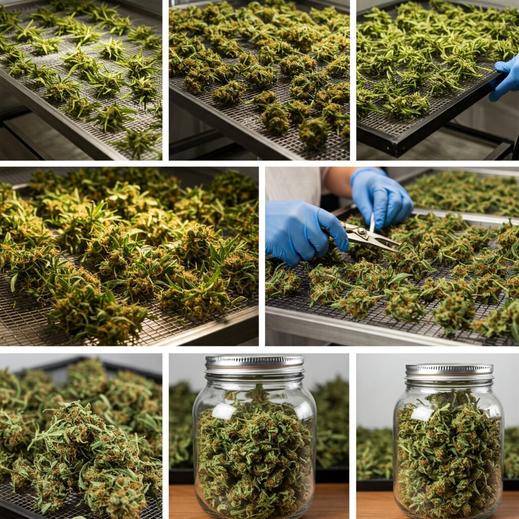 Cannabisknospen während der Ernte, des Trimmens, Trocknens oder Aushärtens.
