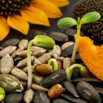 Cannabiskeimlinge und Samen mit Blüten.