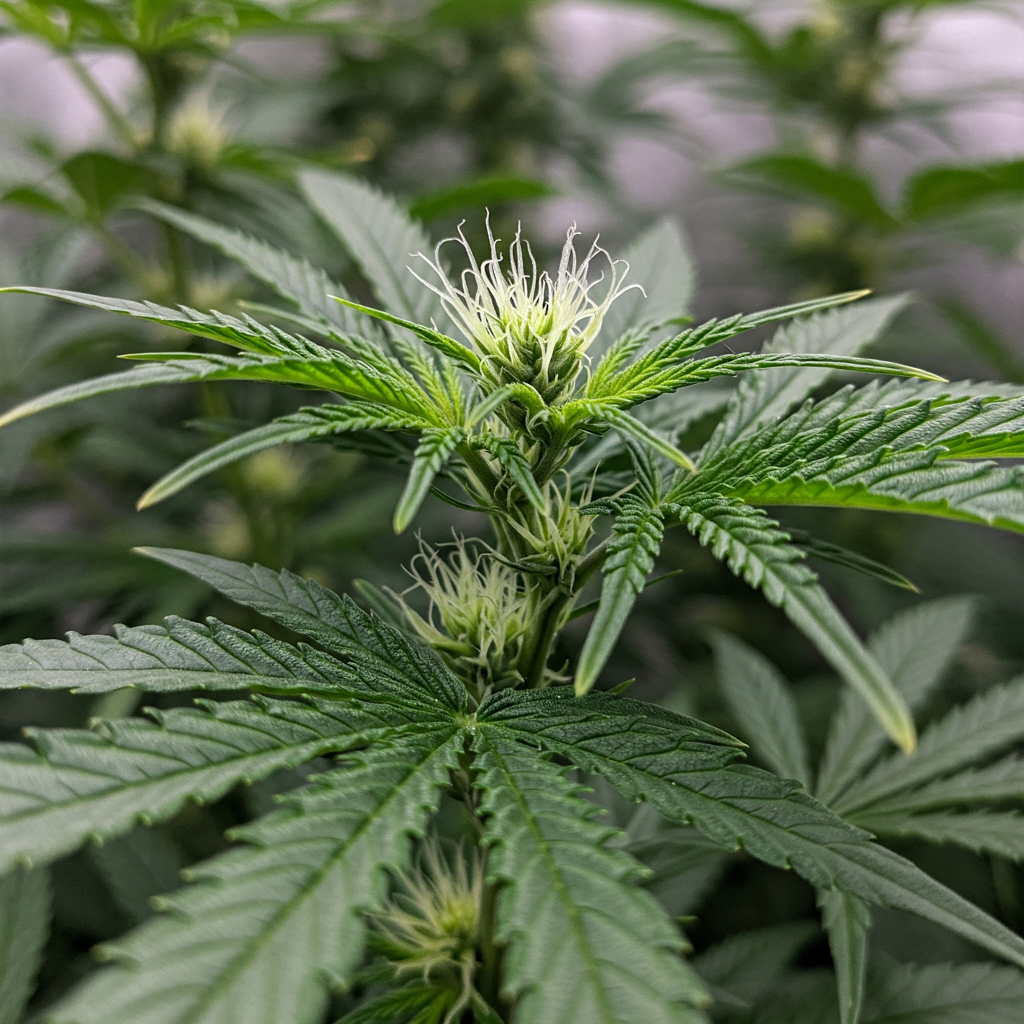 Nahaufnahme einer Cannabis-Pflanze mit Blüte in der Vorblütephase.